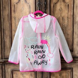 Tucker & Tate Girls Clear Raincoat Pink Trim Hood Snap Pockets Back Graphic Sz 8